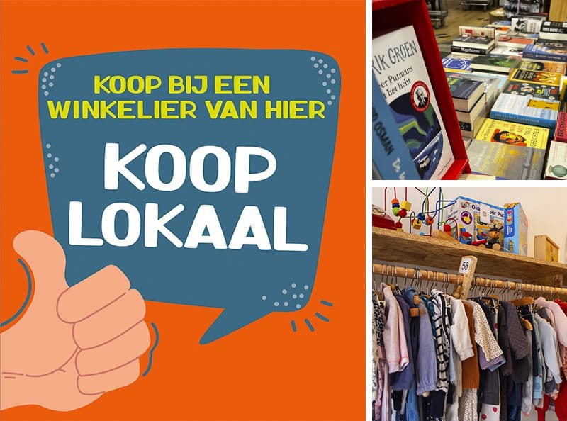 Uiting van kooplokaal, een tafel met boeken en een speelgoed.